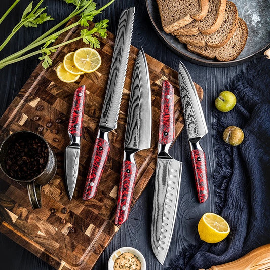 Jade Japanese Chef's Knife Set with Vg-10 Damascus Steel & Red Carbon Fiber Handle