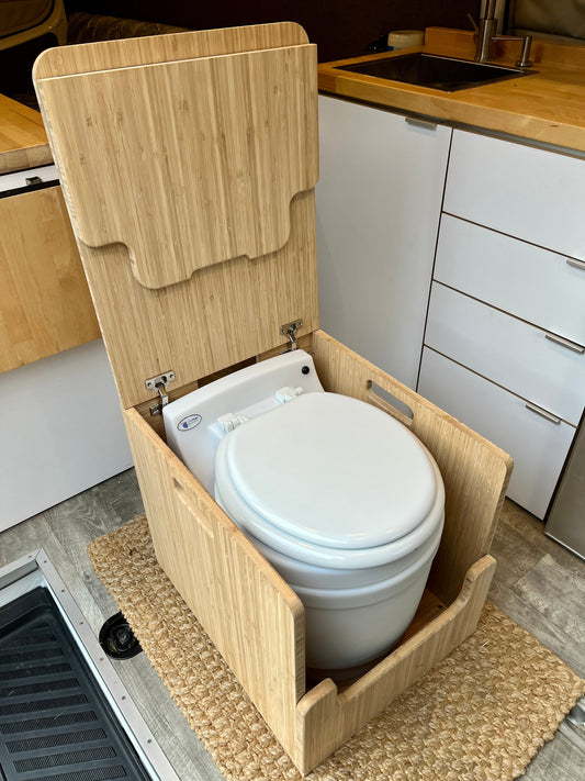 Laveo Dry Flush Portable Waterless Toilet Bamboo Lift top Cabinet Flat Pack Kit