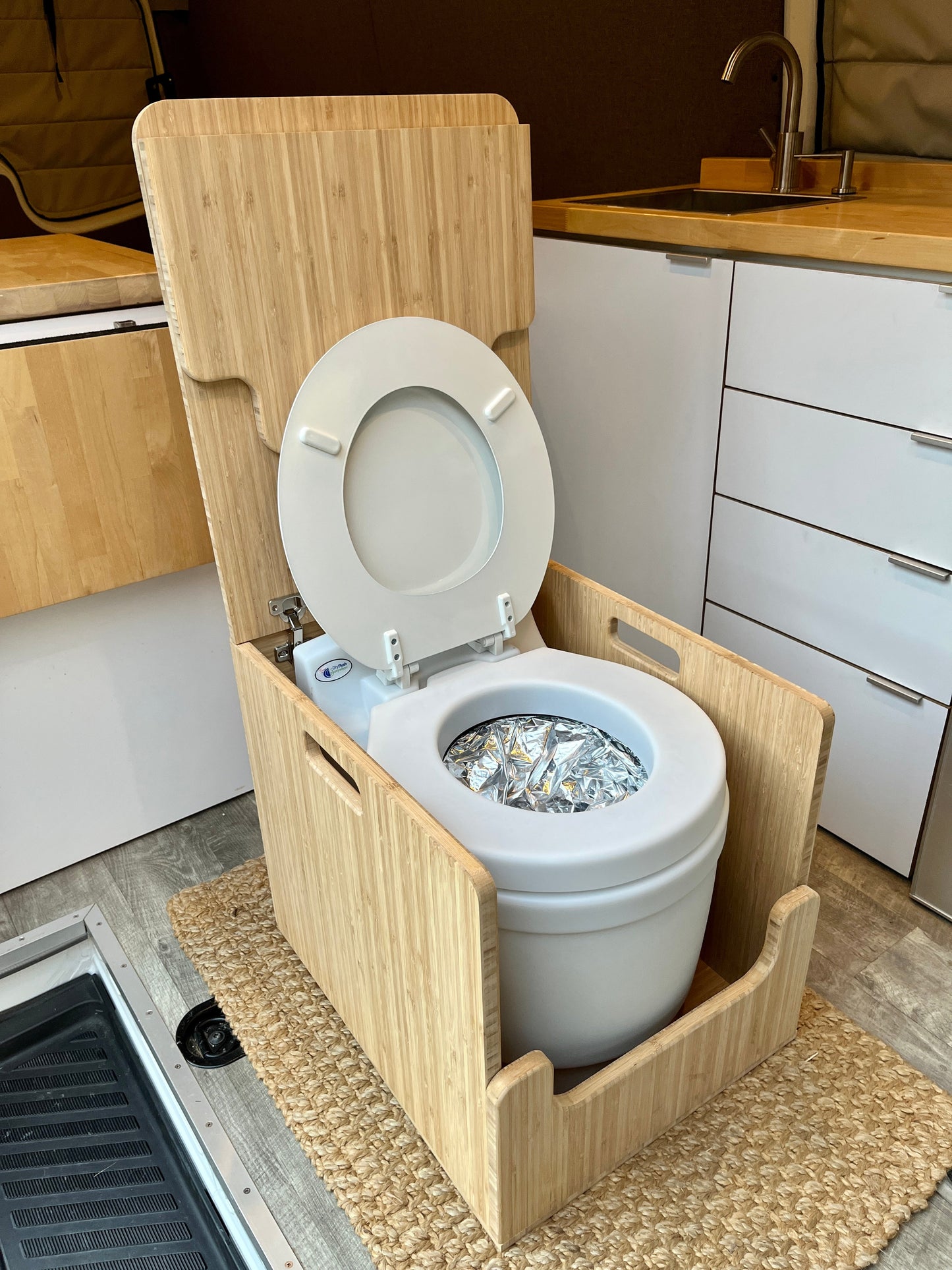 Laveo Dry Flush Portable Waterless Toilet Bamboo Lift top Cabinet Flat Pack Kit