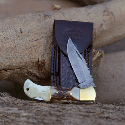Antler Edge Damascus Pocket Knife with Staghorn & Bone Handle