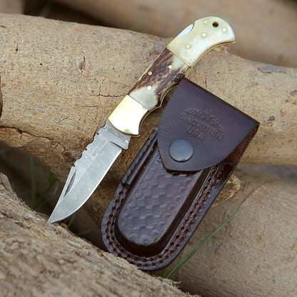 Antler Edge Damascus Pocket Knife with Staghorn & Bone Handle