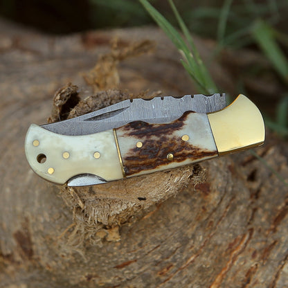 Antler Edge Damascus Pocket Knife with Staghorn & Bone Handle