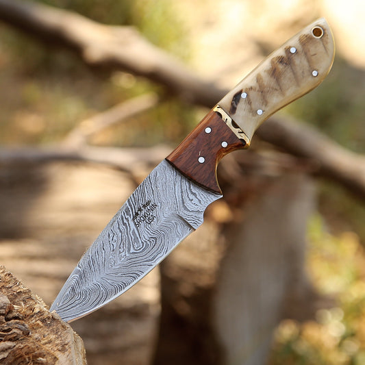 Starlight Damascus Hunting Knife with Exotic Rosewood & Ram Horn Handle