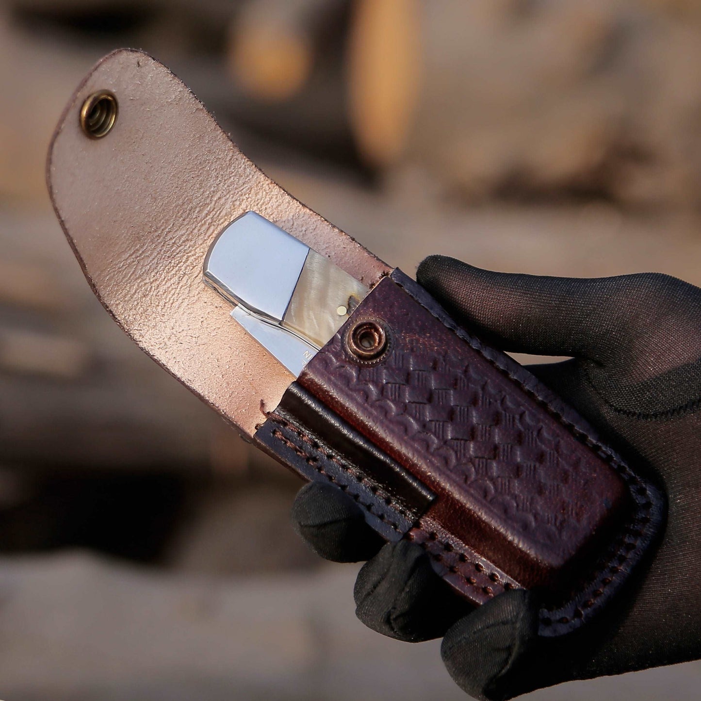 Handmade Custom Pocket Knife with Ram Horn Handle & Sheath Personalized
