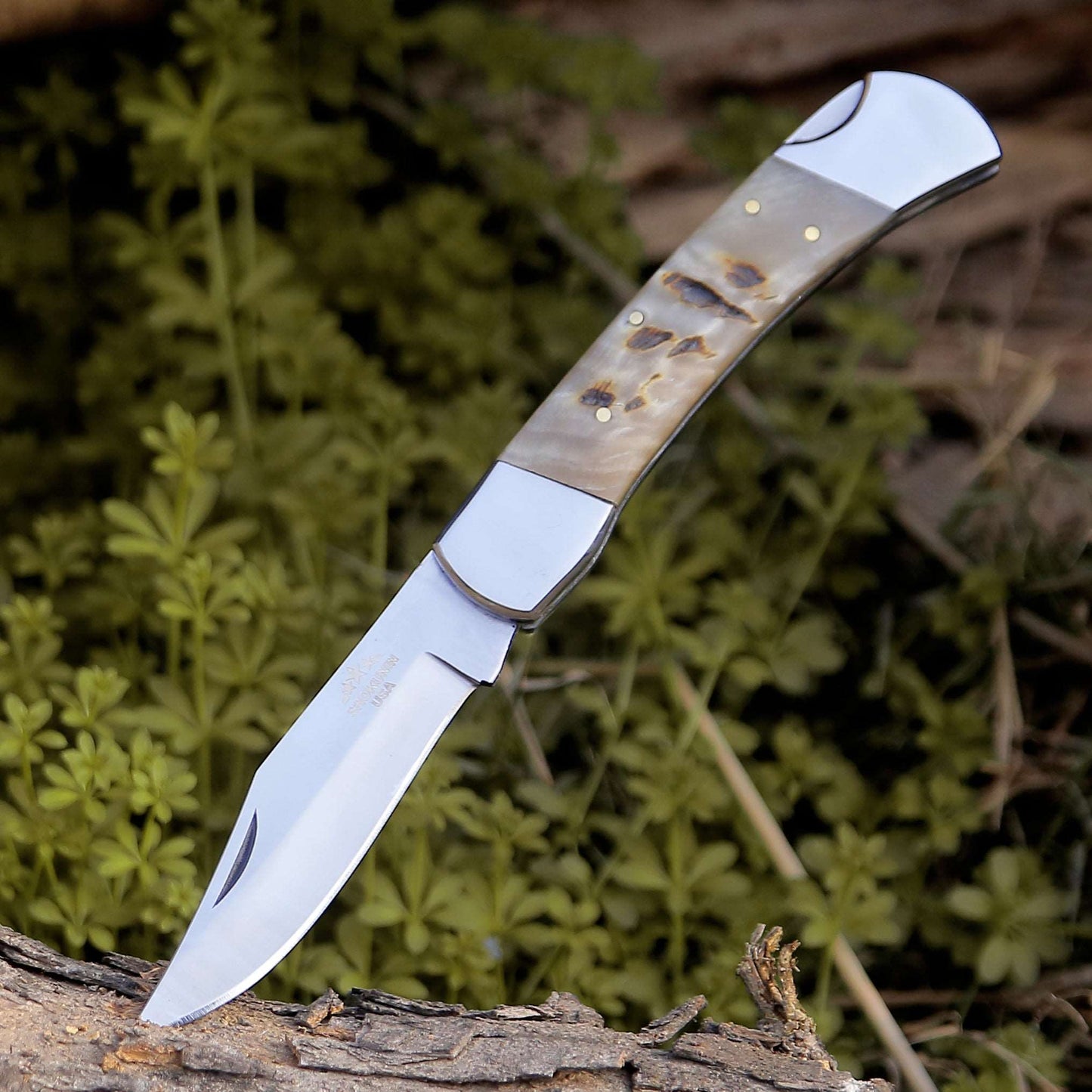 Handmade Custom Pocket Knife with Ram Horn Handle & Sheath Personalized