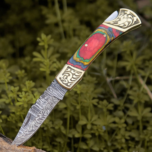 Expedition Damascus Folding Pocket Knife with Pakka Wood Handle