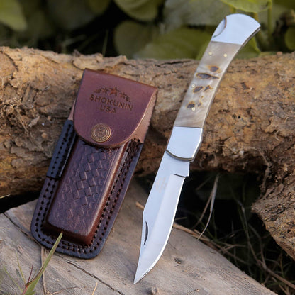 Handmade Custom Pocket Knife with Ram Horn Handle & Sheath Personalized