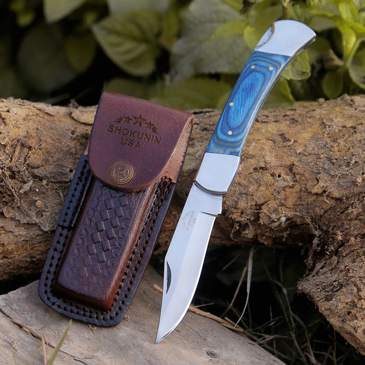 Handmade Custom Pocket Knife with Diamond Wood Handle & Sheath Personalized