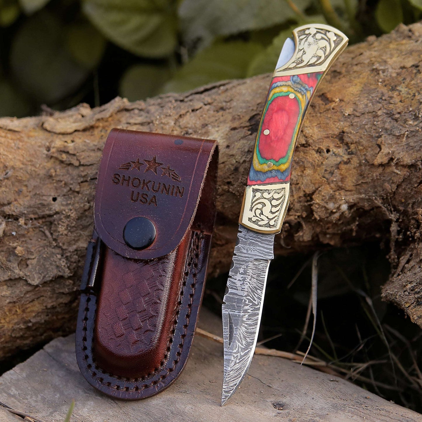 Expedition Damascus Folding Pocket Knife with Pakka Wood Handle
