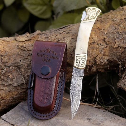 Expedition Damascus Blade Pocket Knife With Bone Handle