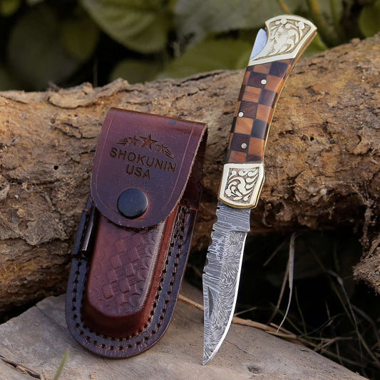Expedition Gentlemans Damascus Pocket Knife with Pakka Wood Handle