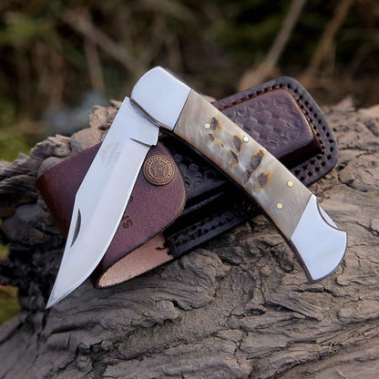 Handmade Custom Pocket Knife with Ram Horn Handle & Sheath Personalized