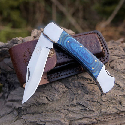 Handmade Custom Pocket Knife with Diamond Wood Handle & Sheath Personalized