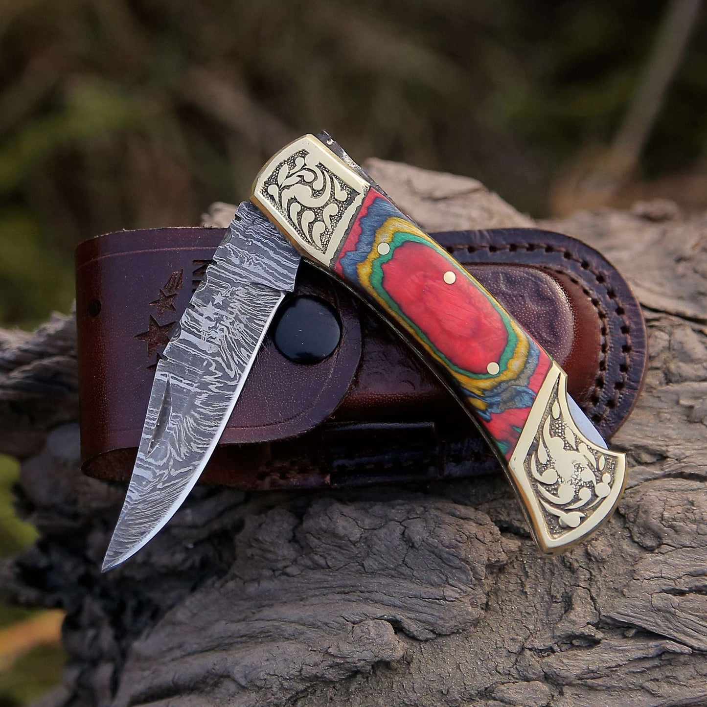 Expedition Damascus Folding Pocket Knife with Pakka Wood Handle