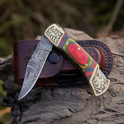 Expedition Damascus Folding Pocket Knife with Pakka Wood Handle
