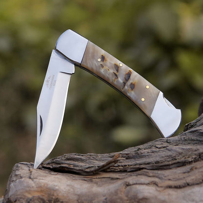 Handmade Custom Pocket Knife with Ram Horn Handle & Sheath Personalized