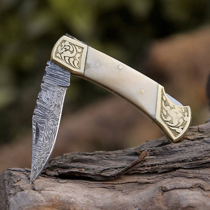 Expedition Damascus Blade Pocket Knife With Bone Handle