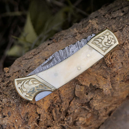 Expedition Damascus Blade Pocket Knife With Bone Handle