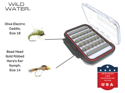 Nymph Assortment, 48 Flies | 2 Sided Fly Box | Wild Water Fly Fishing