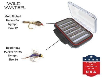 Nymph Assortment, 48 Flies | 2 Sided Fly Box | Wild Water Fly Fishing