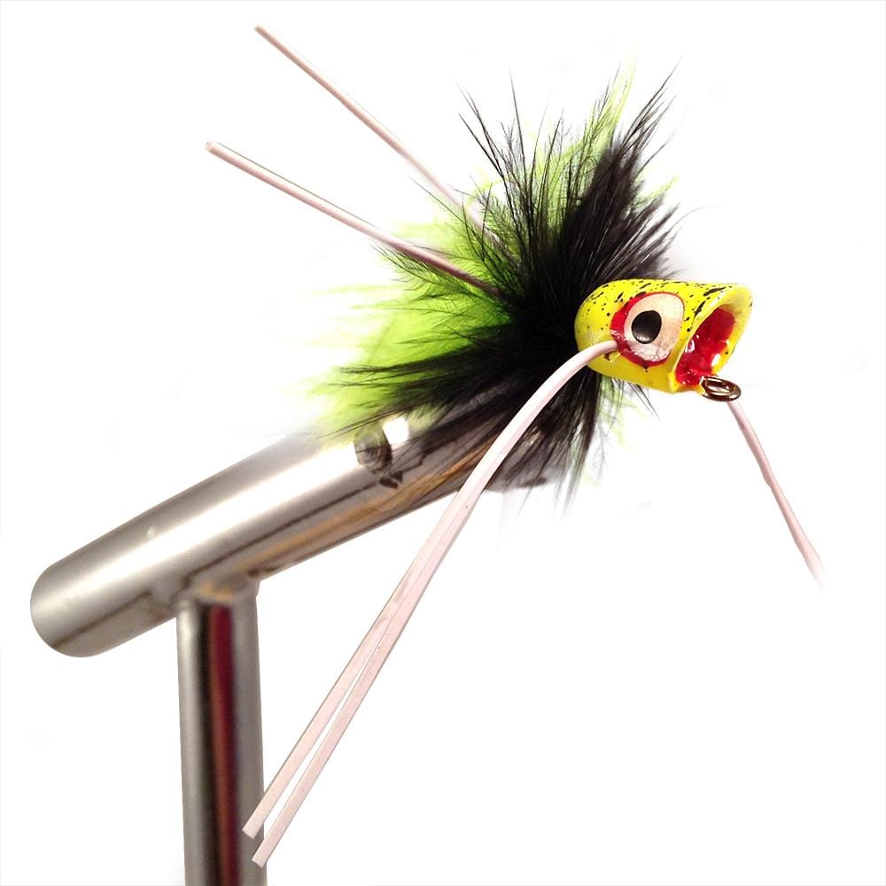 Concave Face Mini Panfish Popper, Size 4 | Black and Chartreuse | Qty. 4 | Wild Water Fly Fishing