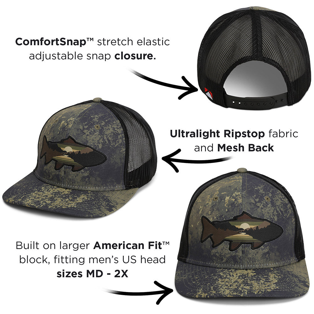 Sunset Trout Fly Fishing Mesh Back Hat Fish Mountain Silhouette