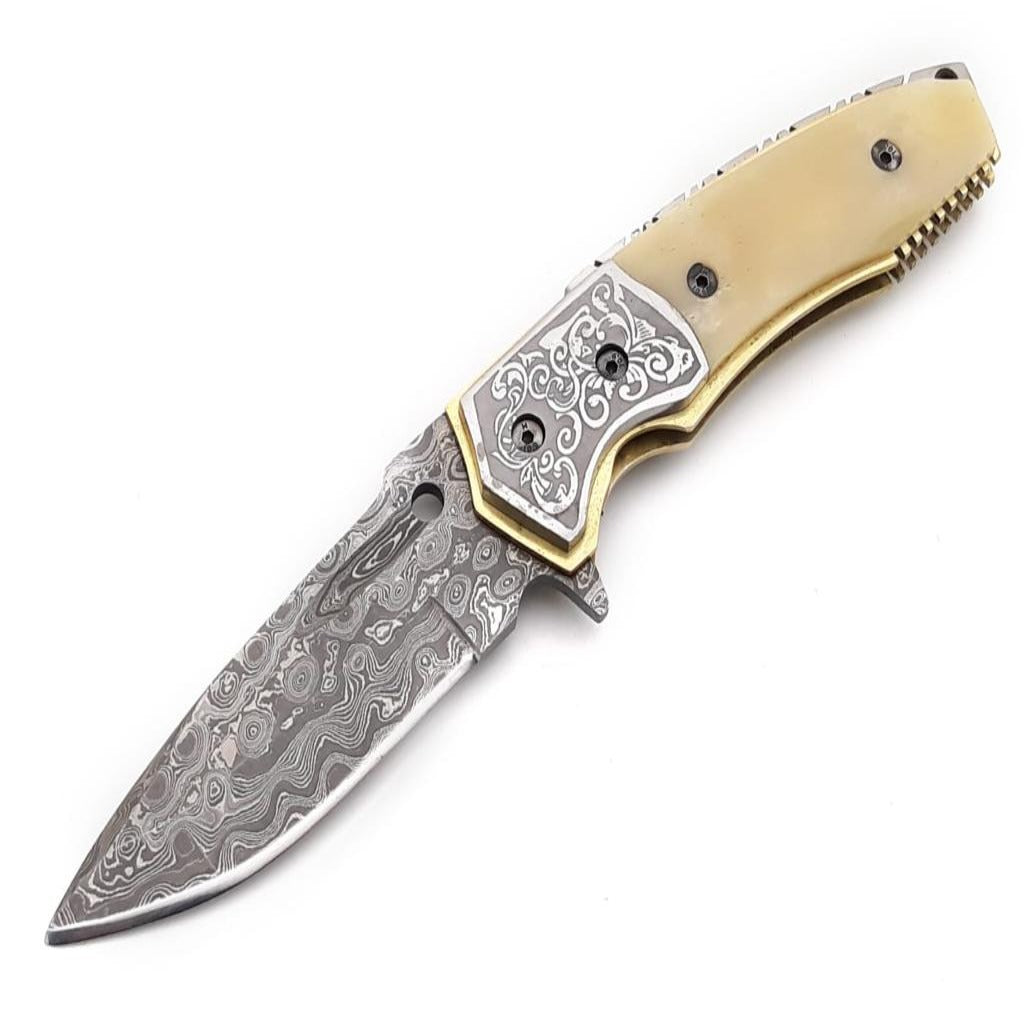 Trailblazer Damascus Pocket Knife with Bone Handle
