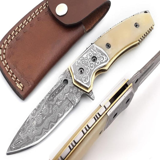 Trailblazer Damascus Pocket Knife with Bone Handle