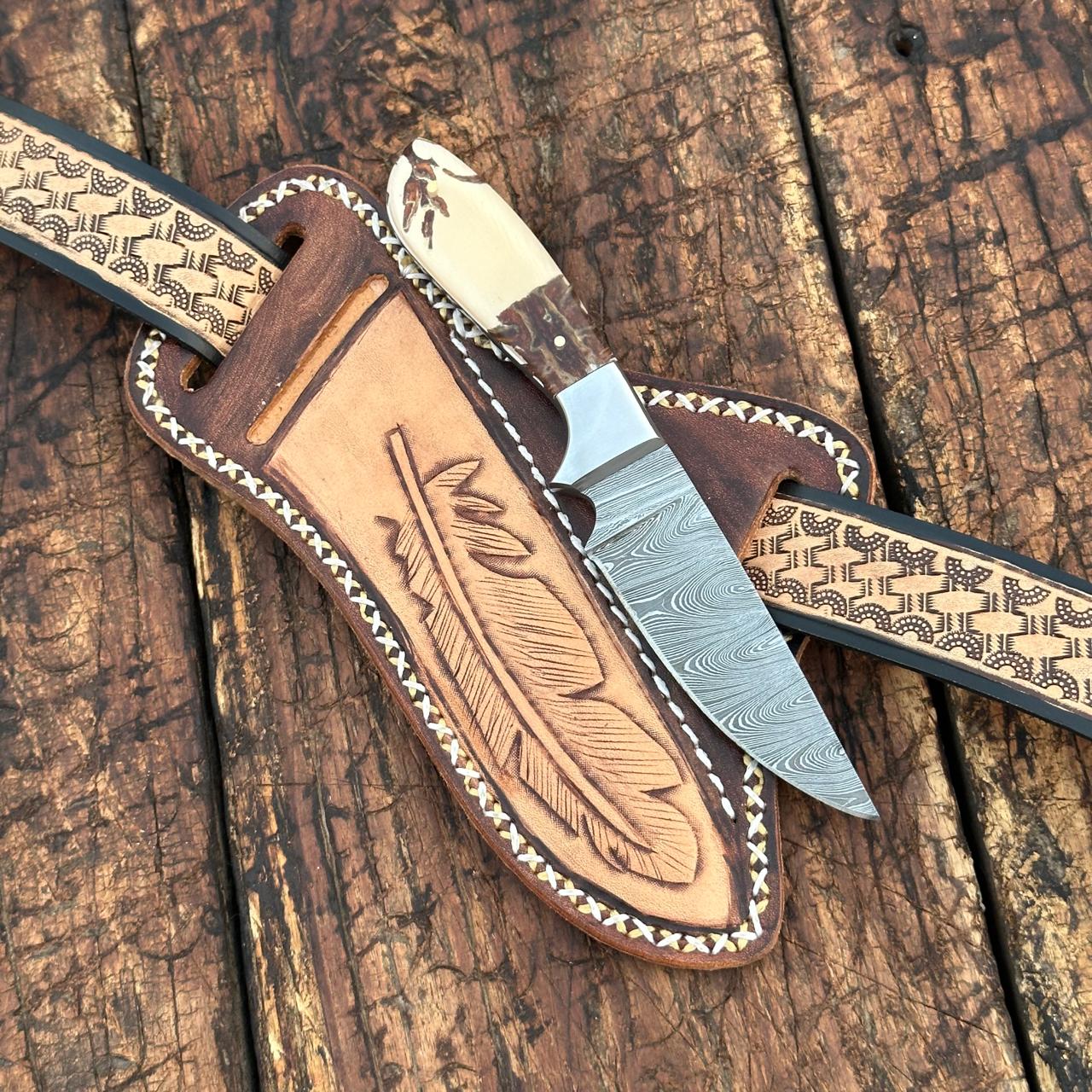 Prairie Damascus Skinner Knife with Hand tooled Sheath & Belt