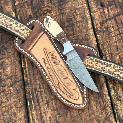 Prairie Damascus Skinner Knife with Hand tooled Sheath & Belt