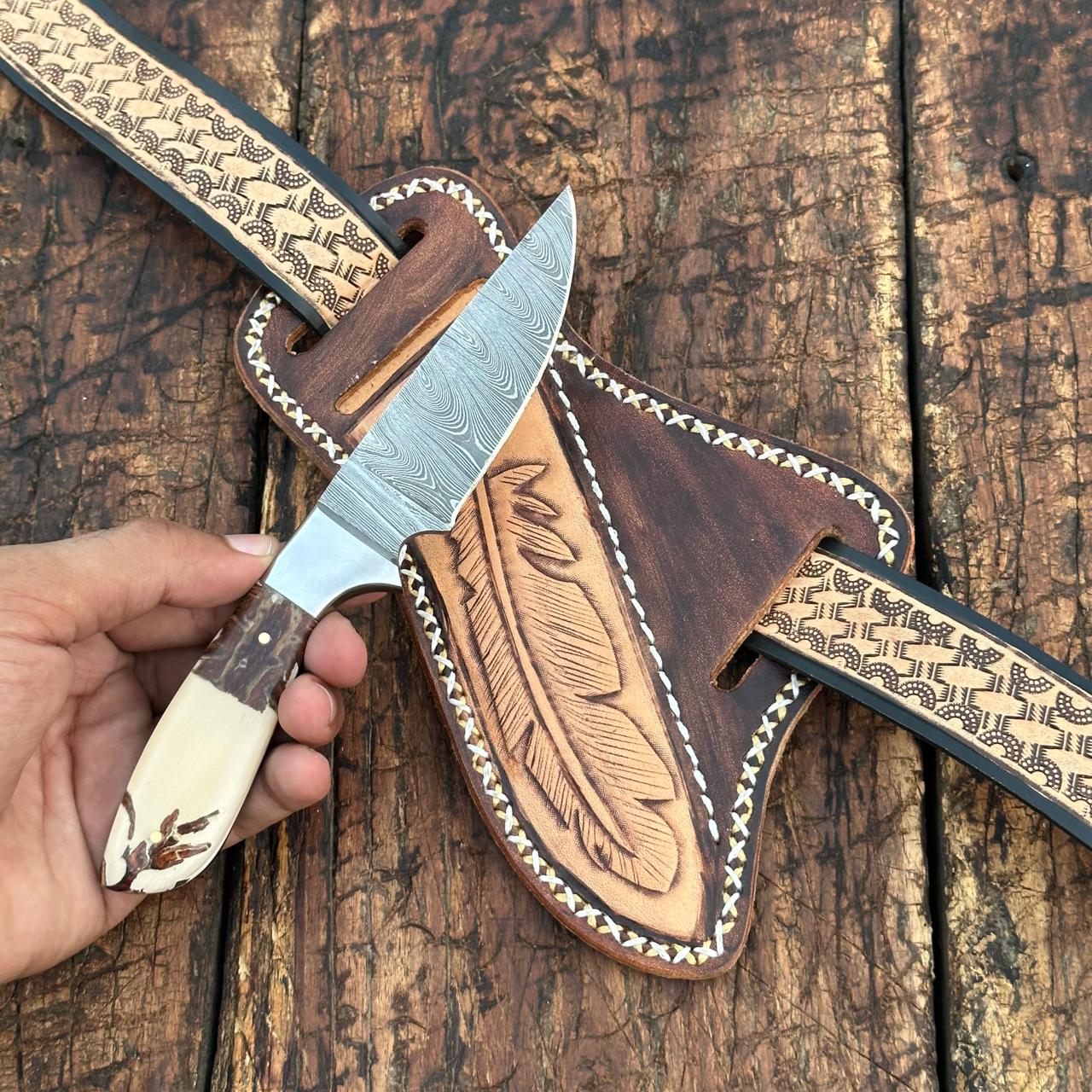 Prairie Damascus Skinner Knife with Hand tooled Sheath & Belt