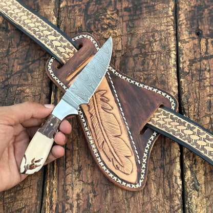 Prairie Damascus Skinner Knife with Hand tooled Sheath & Belt