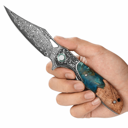 Ares VG10 Damascus Pocket Knife with Olive Burl Wood & Resin Handle