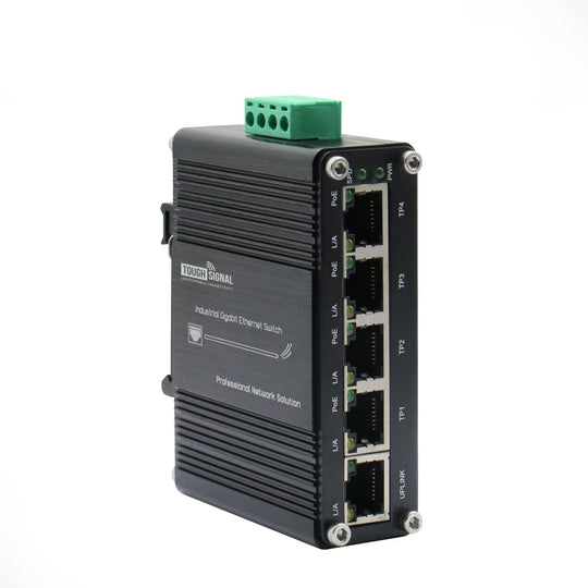 ToughSignal Industrial 5-Port Gigabit PoE+ Switch (12–48V DC) – RackUp+Go
