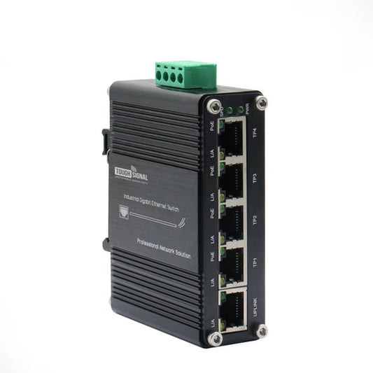 ToughSignal Industrial 5-Port Gigabit PoE+ Switch (12–48V DC)