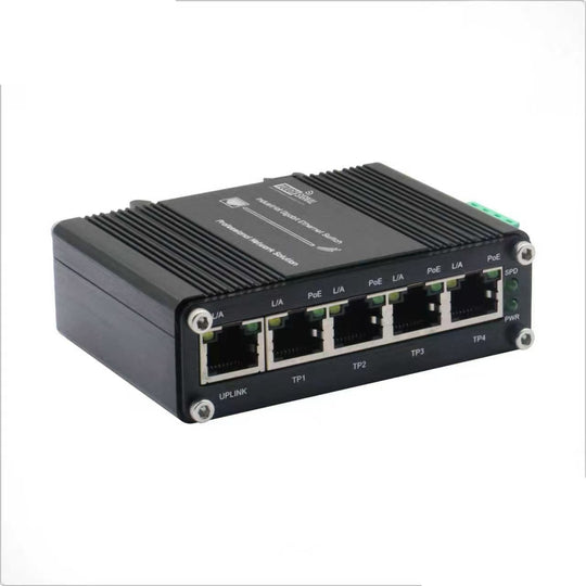 ToughSignal Industrial 5-Port Gigabit PoE+ Switch (12–48V DC)