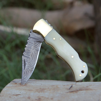 Cosmo Handmade Damascus Pocket Knife with Bone Handle