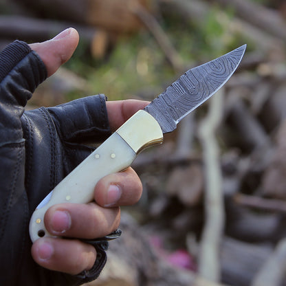 Cosmo Handmade Damascus Pocket Knife with Bone Handle