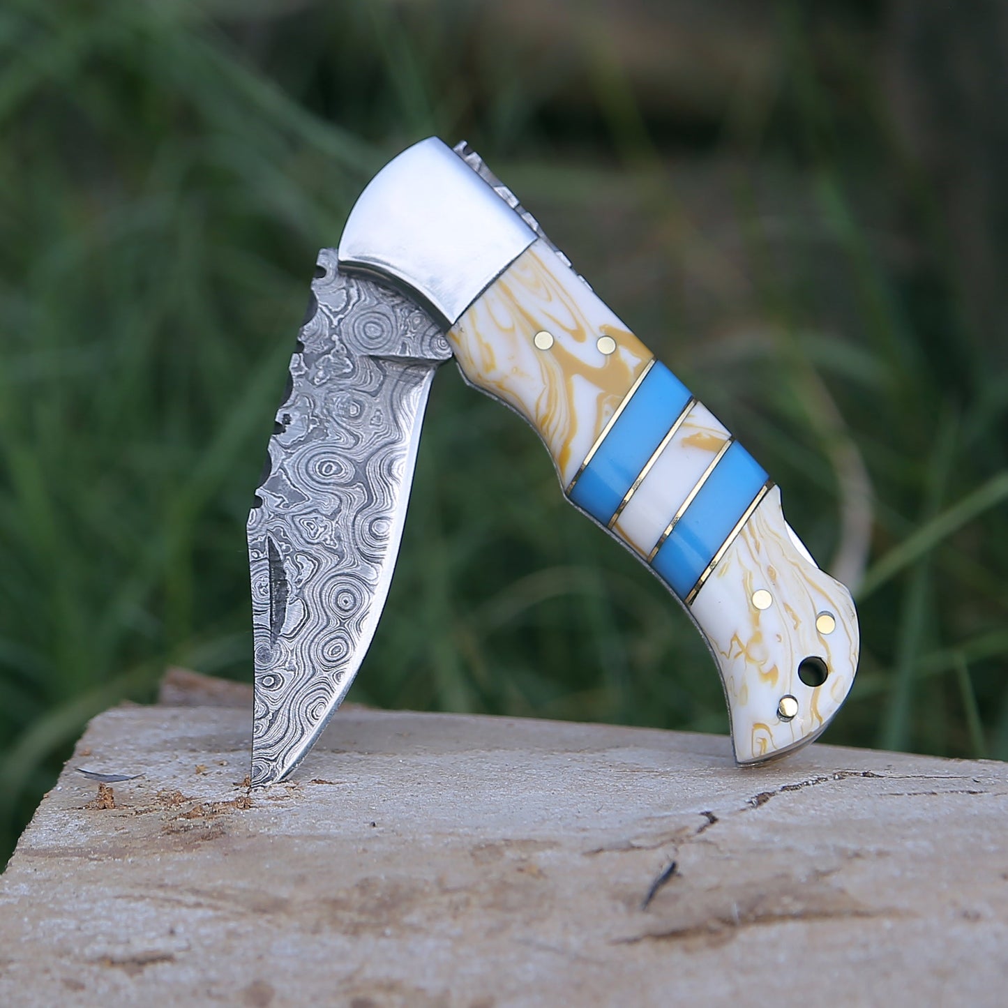 Orion Damascus Pocket Knife with Resin Handle