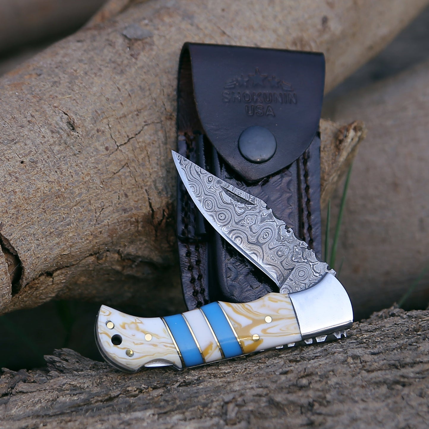 Orion Damascus Pocket Knife with Resin Handle