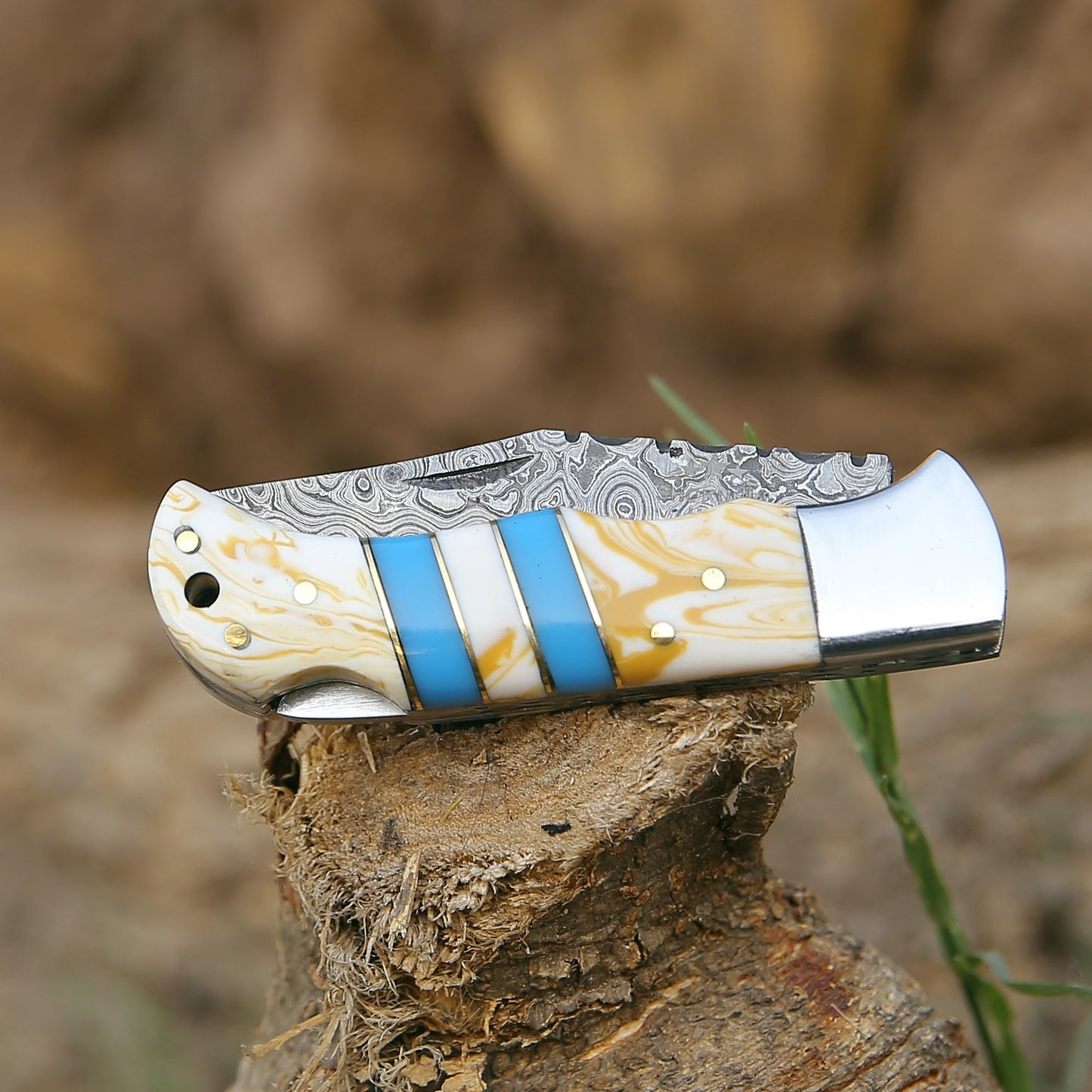 Orion Damascus Pocket Knife with Resin Handle