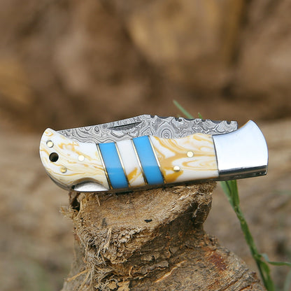 Orion Damascus Pocket Knife with Resin Handle