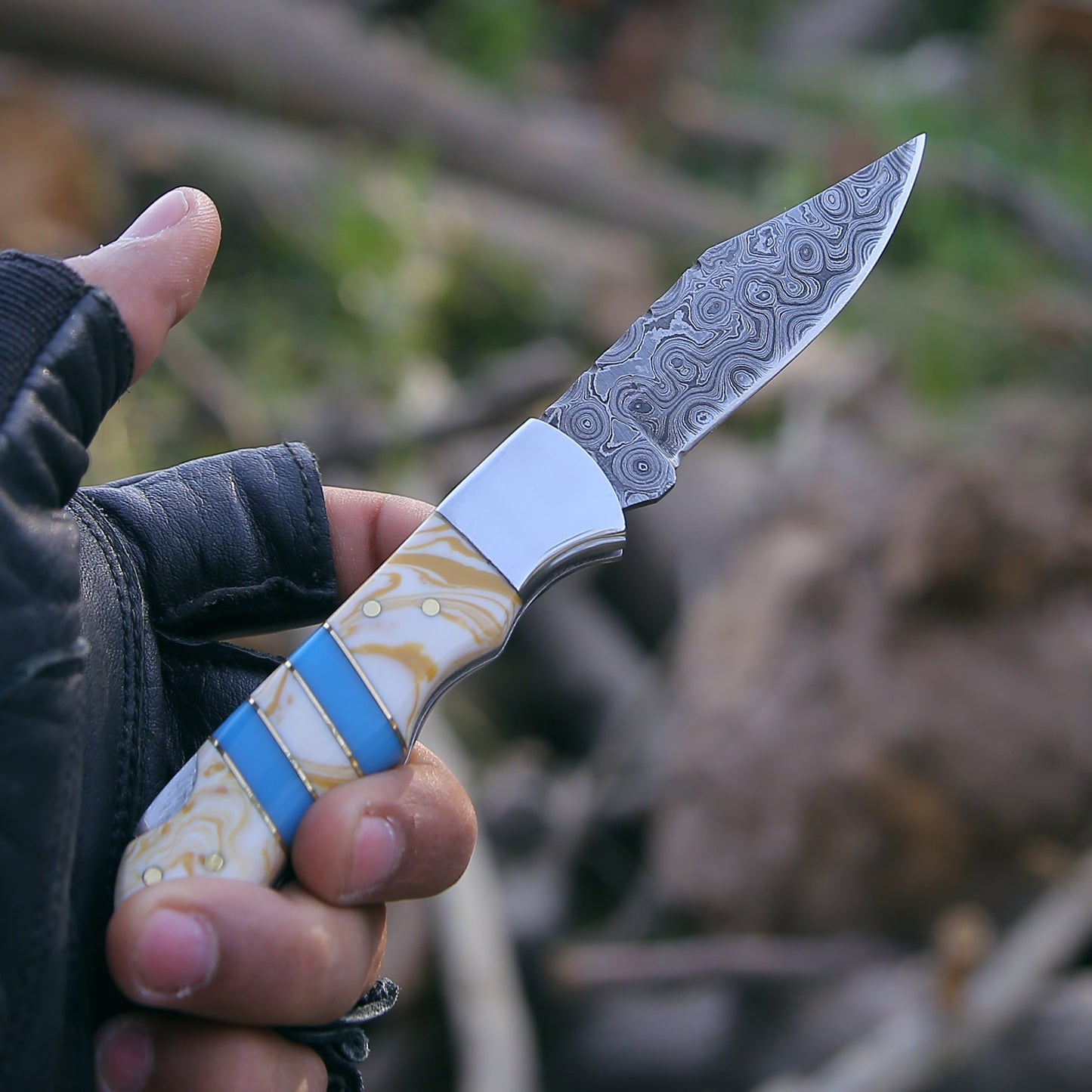 Orion Damascus Pocket Knife with Resin Handle