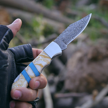 Orion Damascus Pocket Knife with Resin Handle