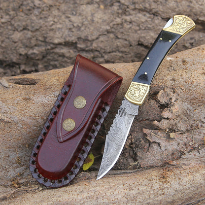 Ironstorm Handmade Damascus Pocket Knife Engraved with Leather Sheath & Horn Handle