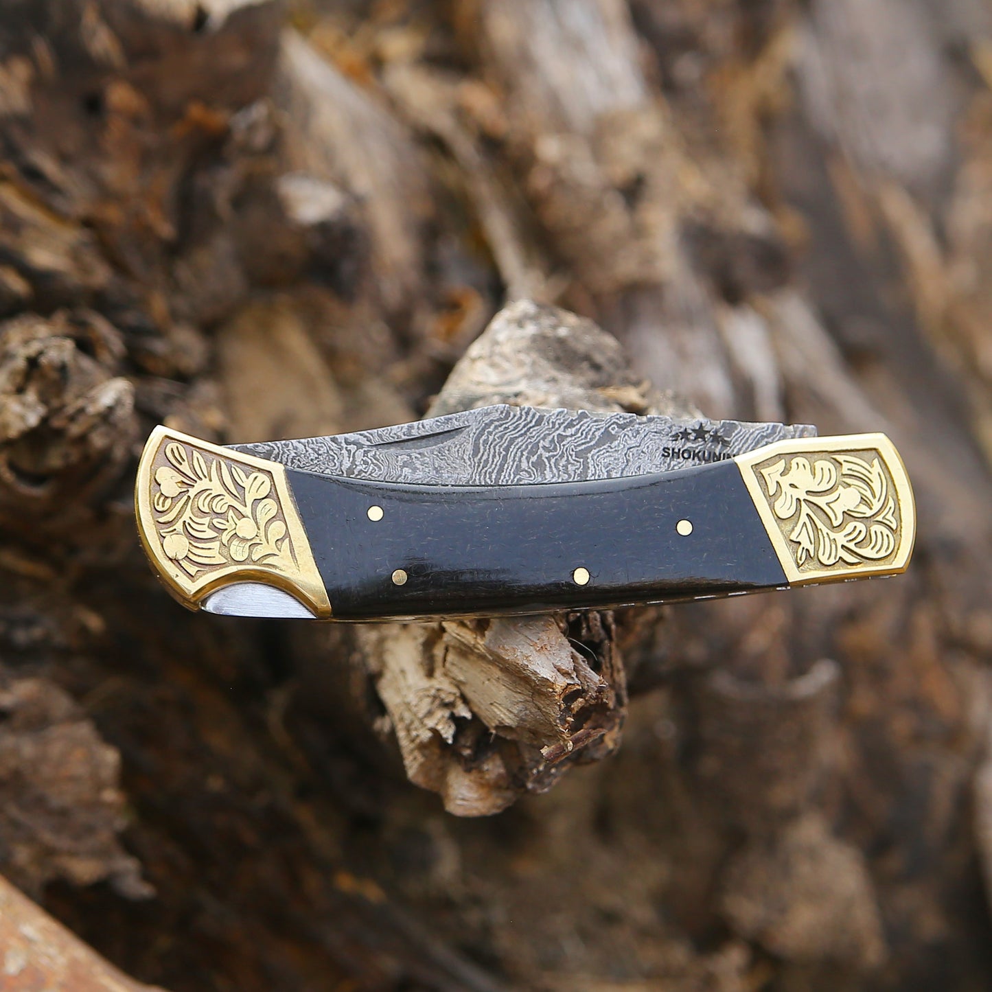 Ironstorm Handmade Damascus Pocket Knife Engraved with Leather Sheath & Horn Handle