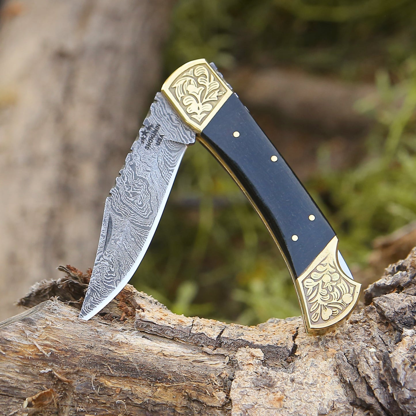 Ironstorm Handmade Damascus Pocket Knife Engraved with Leather Sheath & Horn Handle