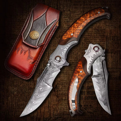 Dragon Japanese VG10 Damascus Pocket Knife with Exotic Snake Wood Handle