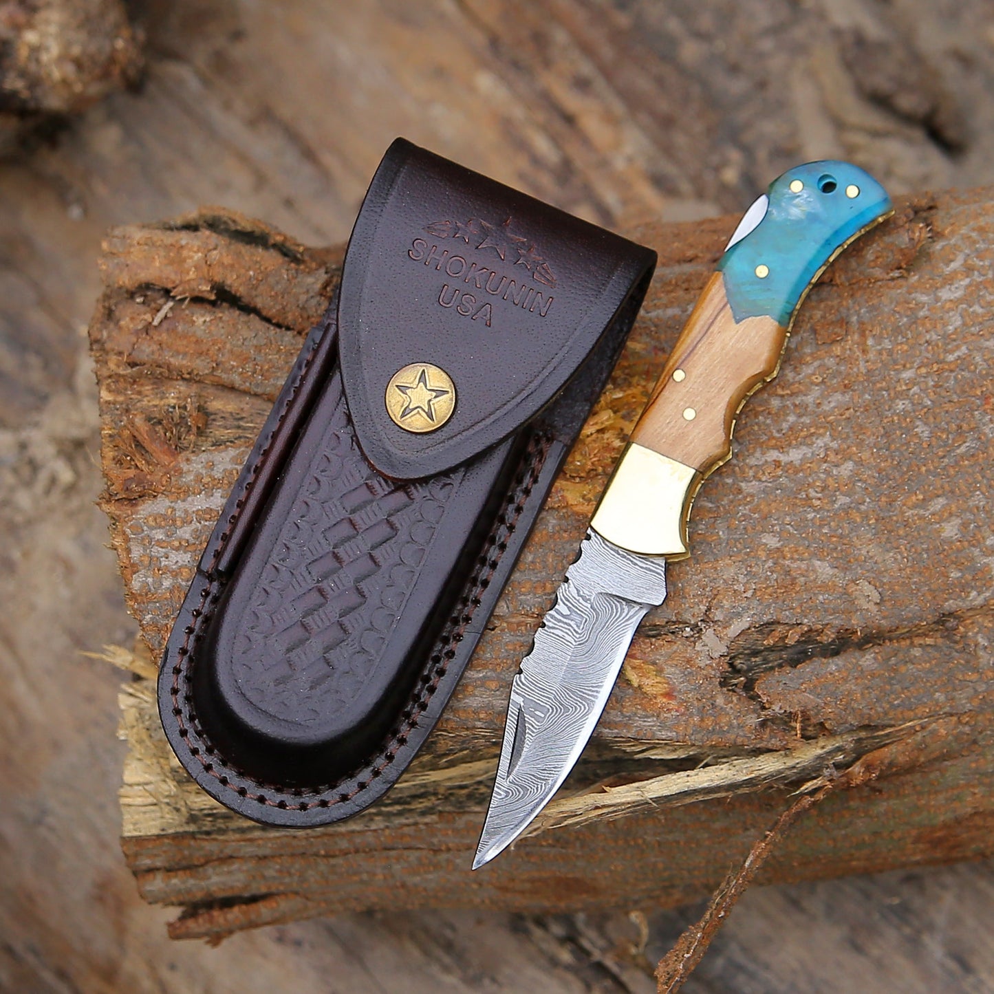 Knight Pocket Knife with Olive Wood & Resin Handle