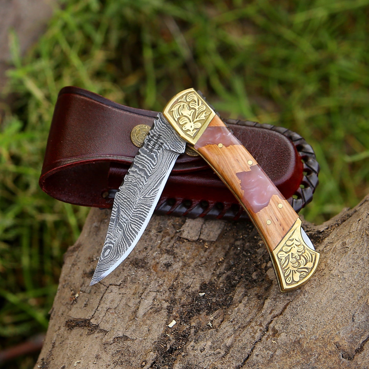 Boltedge Handmade Damascus Pocket Knife with Leather Sheath & Exotic Olive Wood